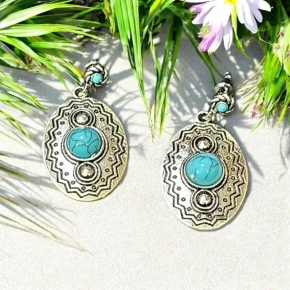 Silver Plated Turquoise Stone Bohemian Dangle Earrings - Picture 2 of 2